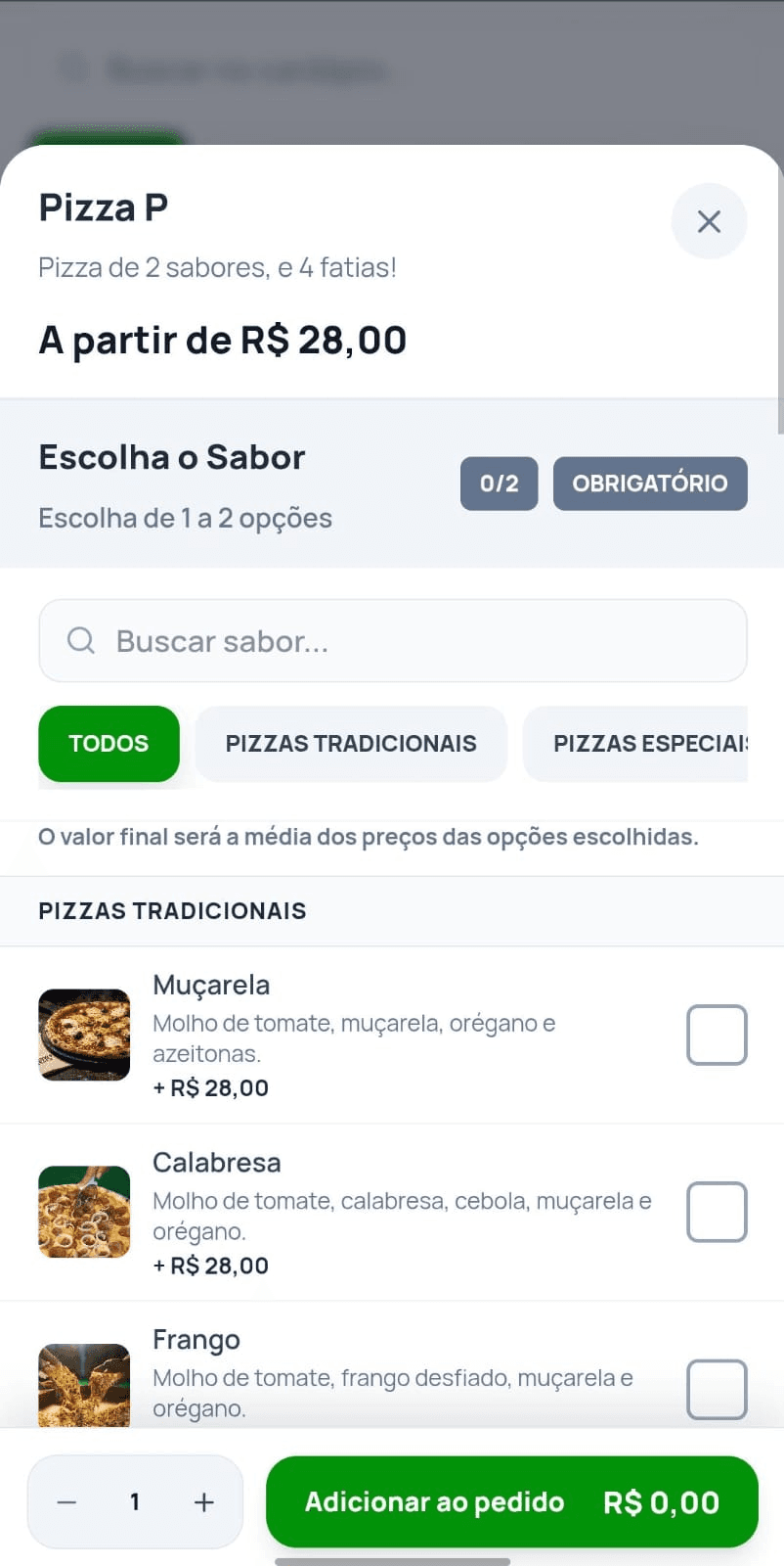 Tela mobile de escolha de sabores e adicionais do produto