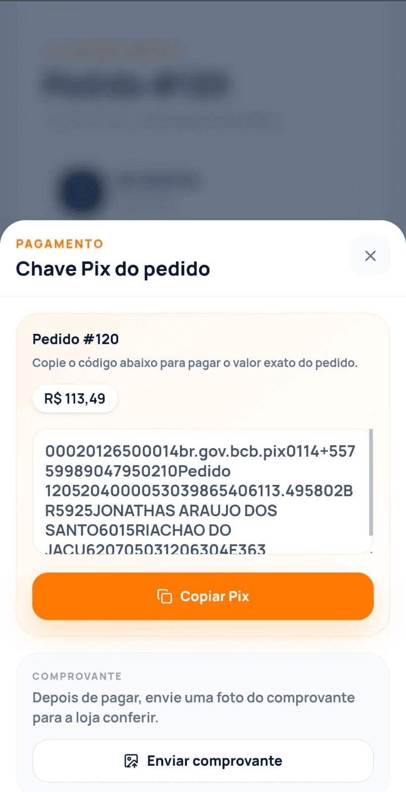 Tela mobile de chave Pix do pedido e envio de comprovante